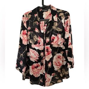 Karl Lagerfeld Black Button-Down Blouse with Pink Rose Print